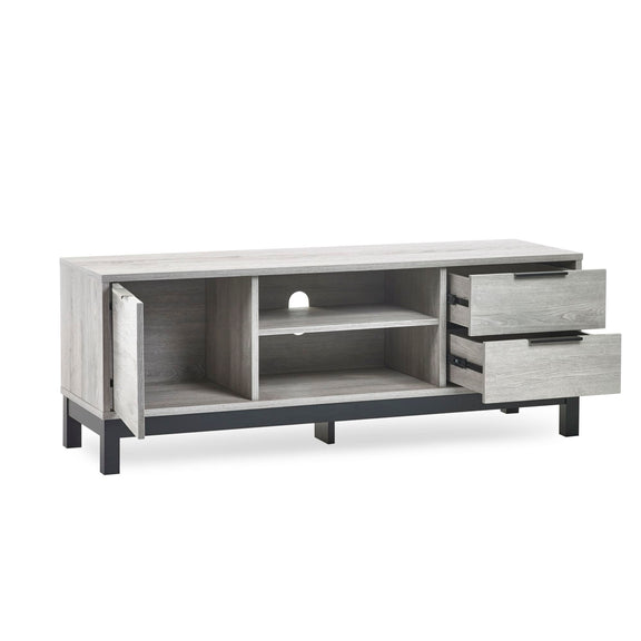 Gray TV stand with open shelves and drawers on a white background