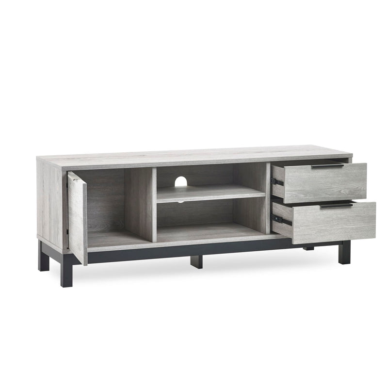 Gray TV stand with open shelves and drawers on a white background
