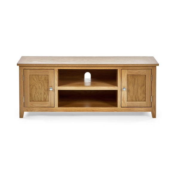 Wooden TV stand with two doors on a white background