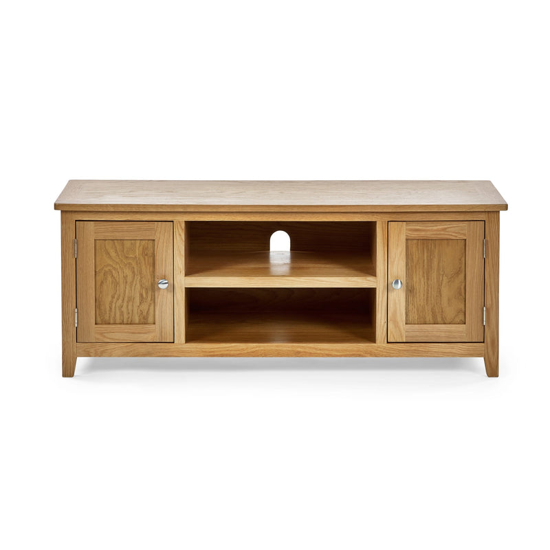 Wooden TV stand with two doors on a white background