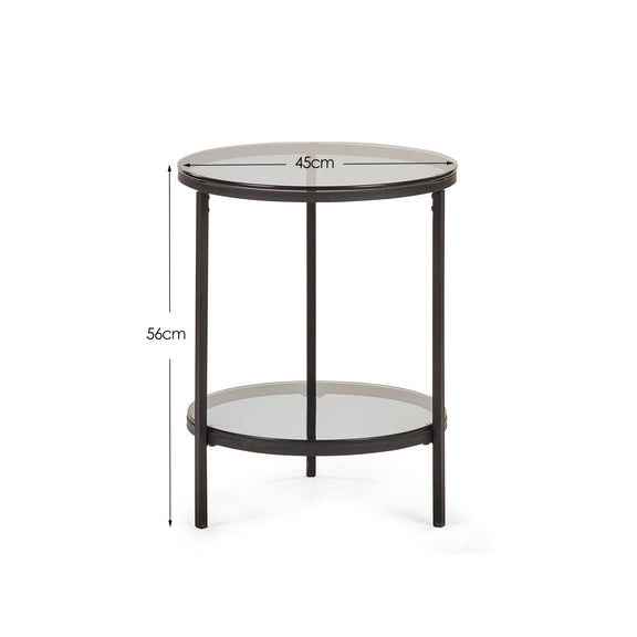 Round side table with dimensions on a white background
