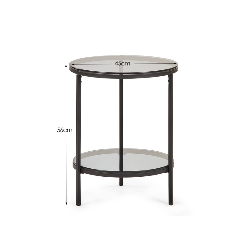 Round side table with dimensions on a white background