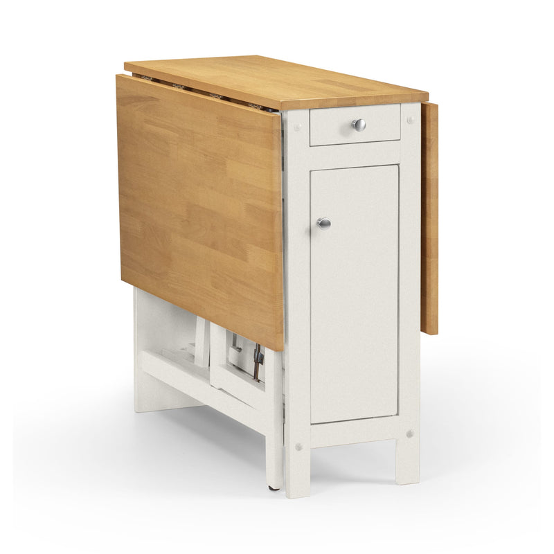 Wooden drop-leaf table with white base on a white background