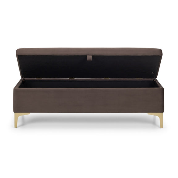 Brown upholstered storage bench with open lid on a white background
