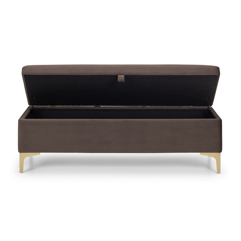 Brown upholstered storage bench with open lid on a white background