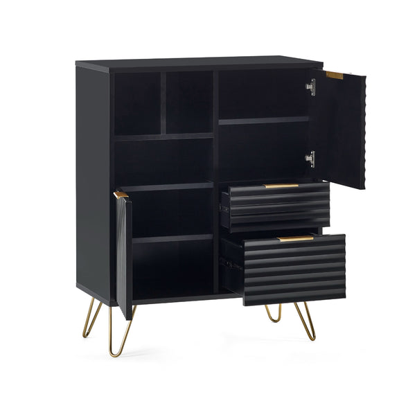 Black cabinet with open doors and drawers on a white background