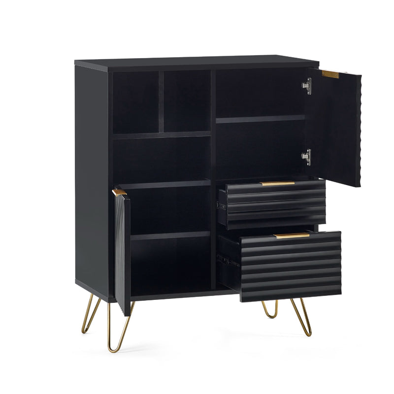 Black cabinet with open doors and drawers on a white background
