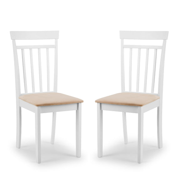Two white chairs with wooden seats on a white background