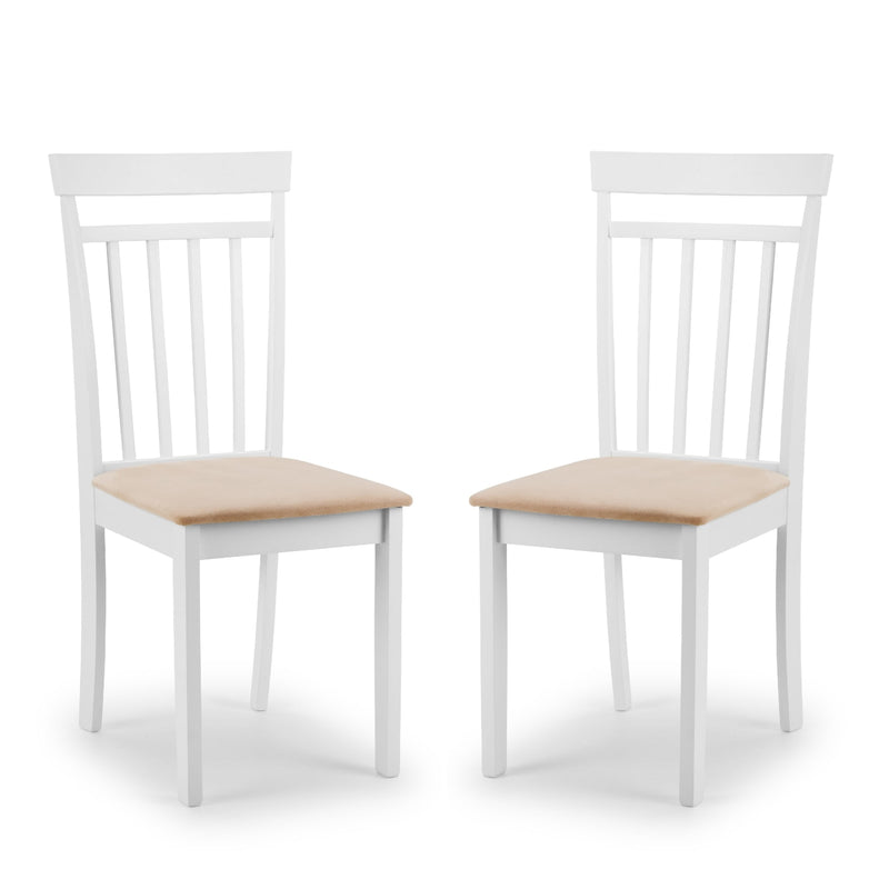 Two white chairs with wooden seats on a white background