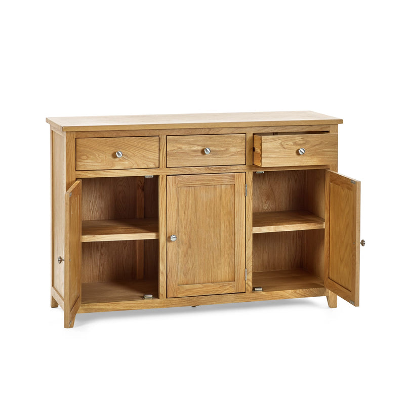 Wooden sideboard with open doors on a white background
