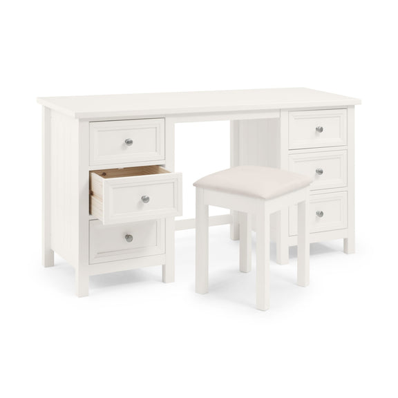 White desk with drawers and a matching stool on a white background