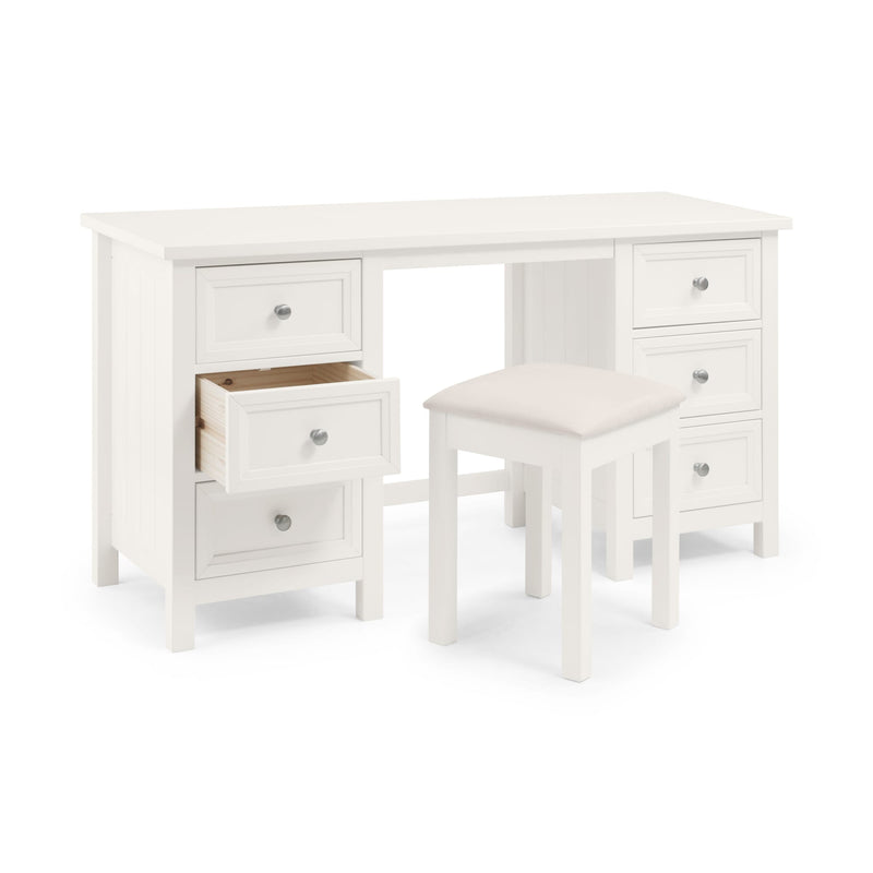 White desk with drawers and a matching stool on a white background
