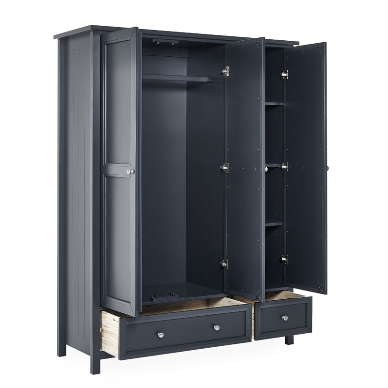 Black wardrobe with open doors on a white background