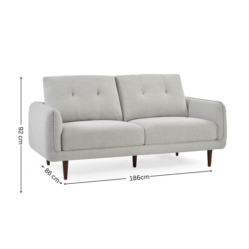 Gray sofa with dimensions on a white background