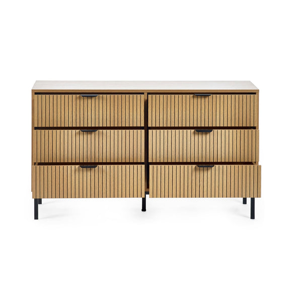 Wooden dresser with multiple drawers on a white background
