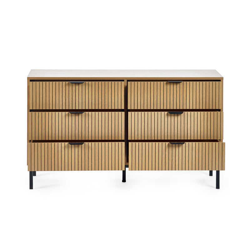 Wooden dresser with multiple drawers on a white background