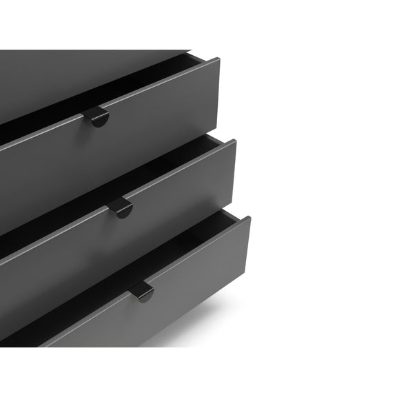 Black dresser with open drawers on a white background