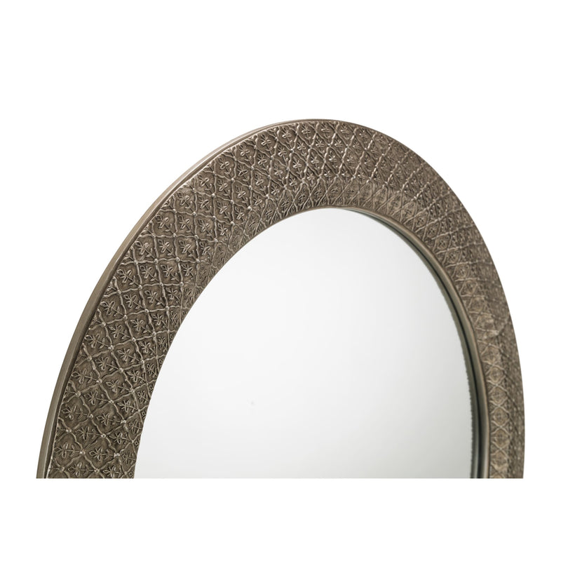 Decorative mirror with a textured bronze frame on a white background