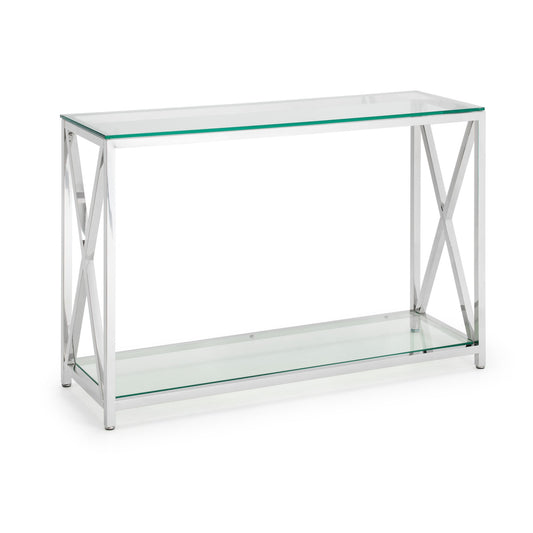Glass console table with metal frame on a white background
