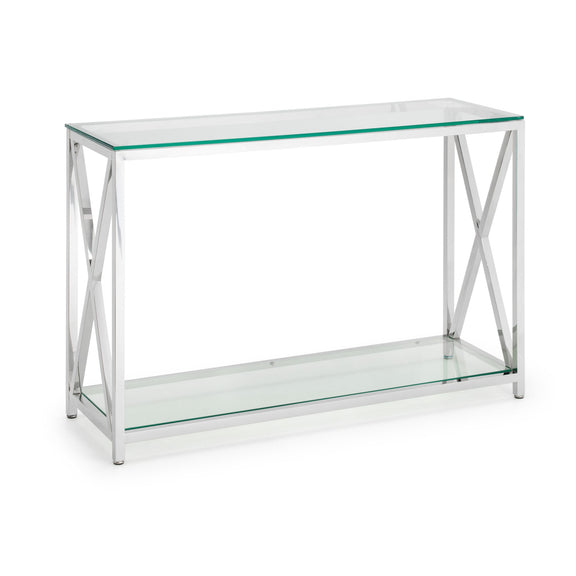 Glass console table with metal frame on a white background