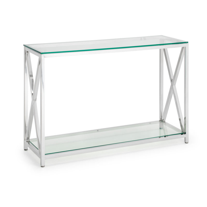 Glass console table with metal frame on a white background
