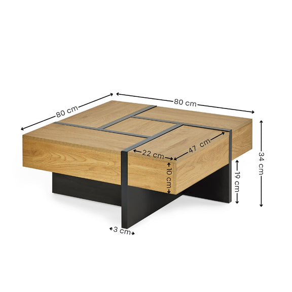 Wooden coffee table with dimensions labeled on a white background