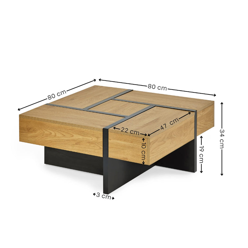Wooden coffee table with dimensions labeled on a white background