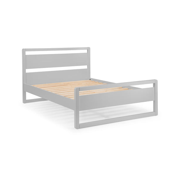 Gray metal bed frame with wooden slats on a white background