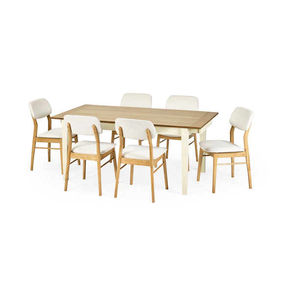 Dining table set with six chairs on a white background