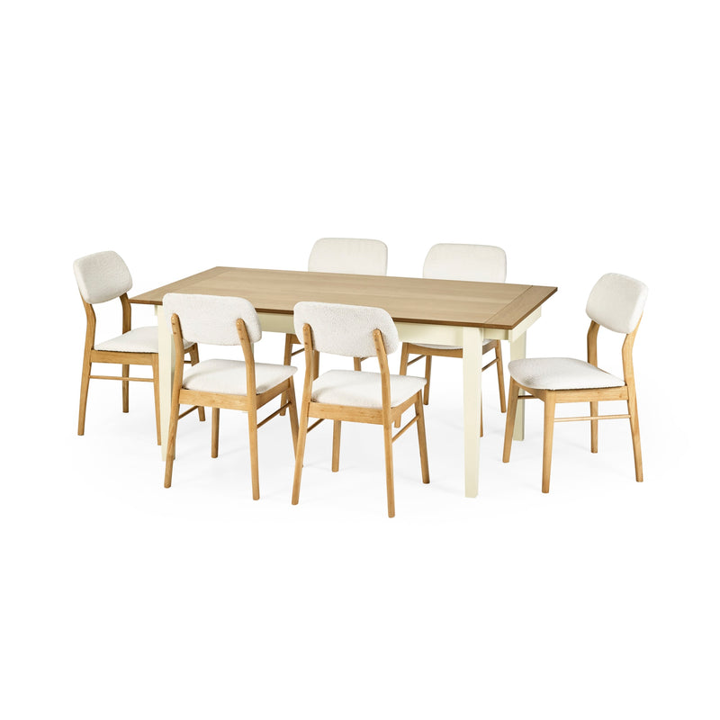 Dining table set with six chairs on a white background