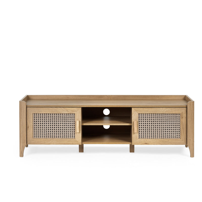 Wooden TV stand with rattan accents on a white background