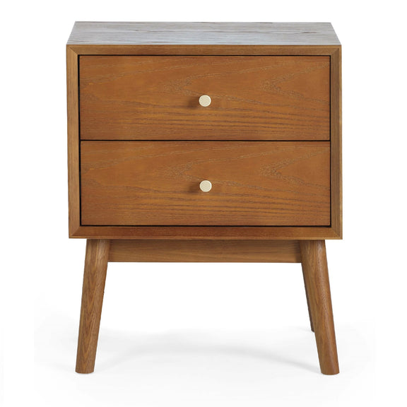 Wooden nightstand with two drawers on a white background