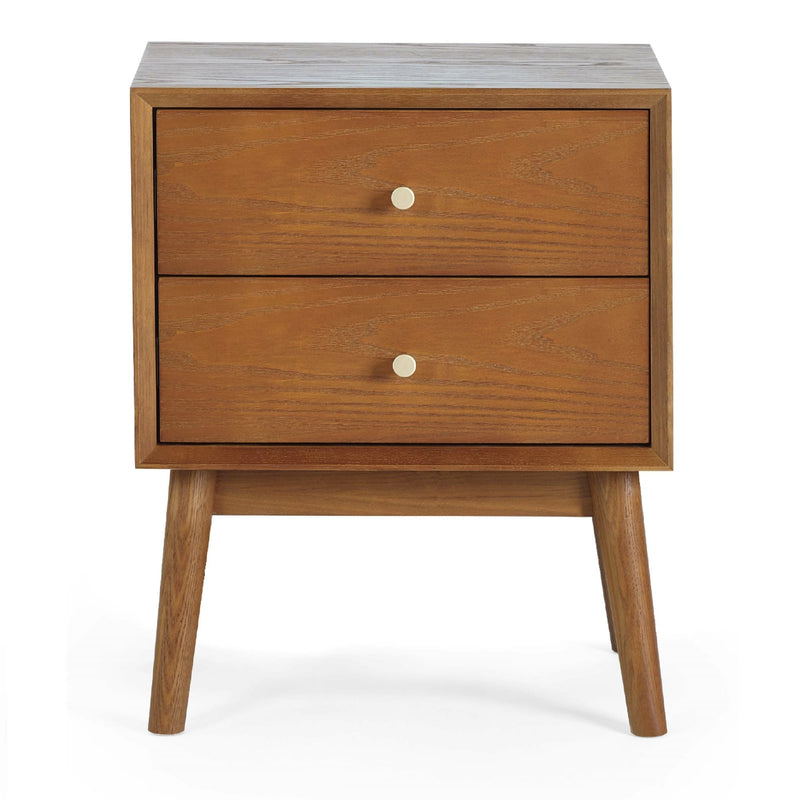 Wooden nightstand with two drawers on a white background