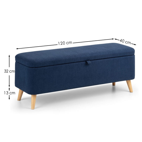 Navy blue storage bench with dimensions indicated on a white background