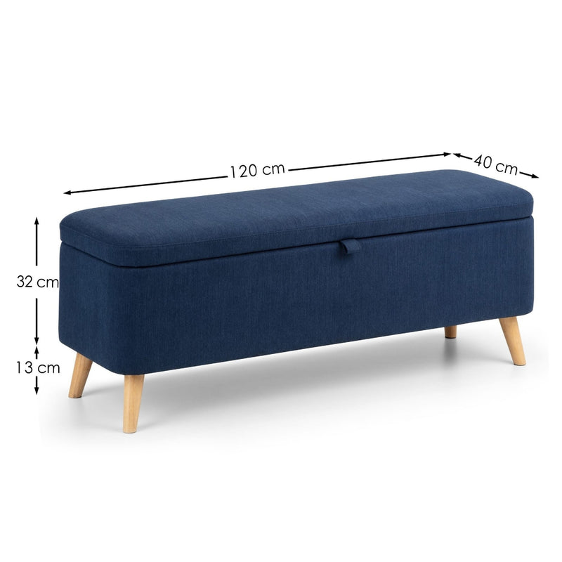 Navy blue storage bench with dimensions indicated on a white background