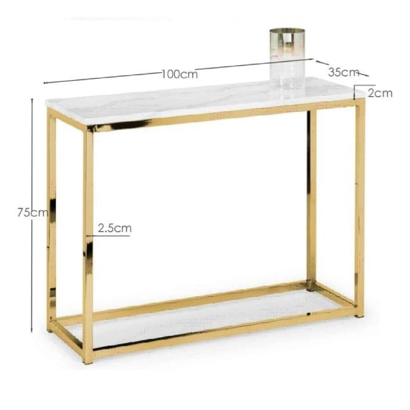 Gold console table with white marble top and dimensions labeled