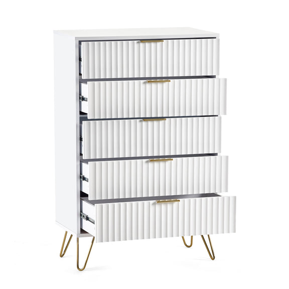 White dresser with gold legs and handles on a white background