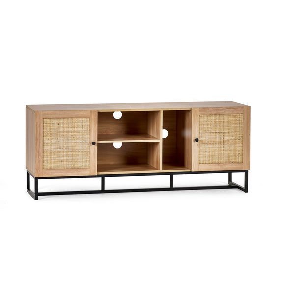 Wooden entertainment console with wicker doors on a white background