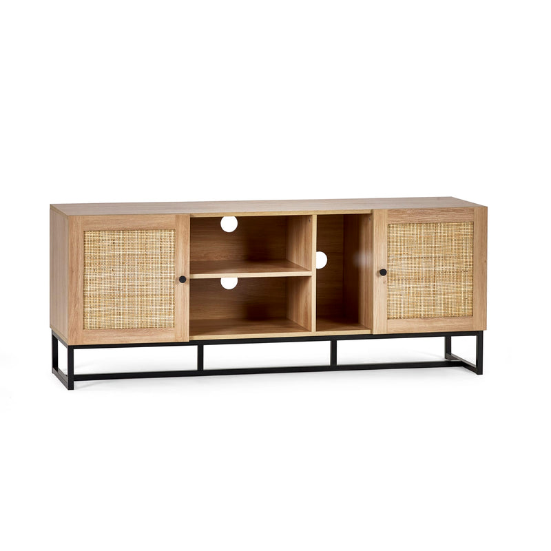 Wooden entertainment console with wicker doors on a white background
