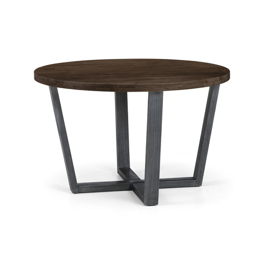 Round wooden table with dark brown top and black metal legs on a white background