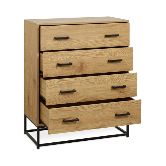 Wooden dresser with four drawers and black handles on a white background