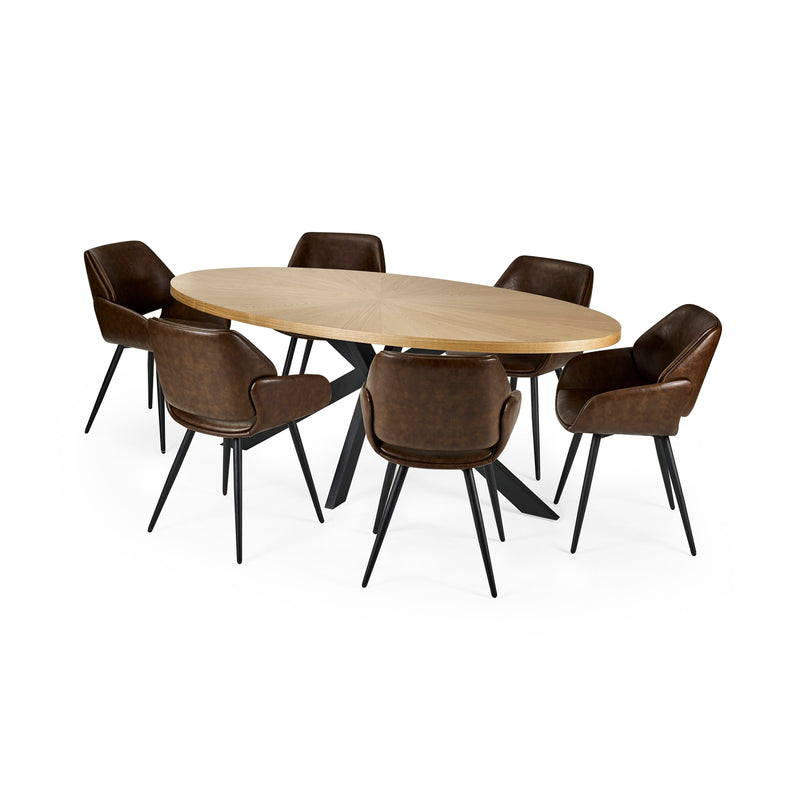 Dining table set with six brown chairs on a white background