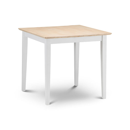 Square table with wooden top and white legs on a white background