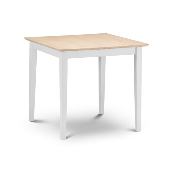 Square table with wooden top and white legs on a white background