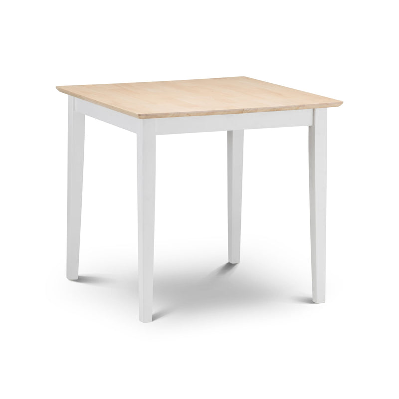 Square table with wooden top and white legs on a white background