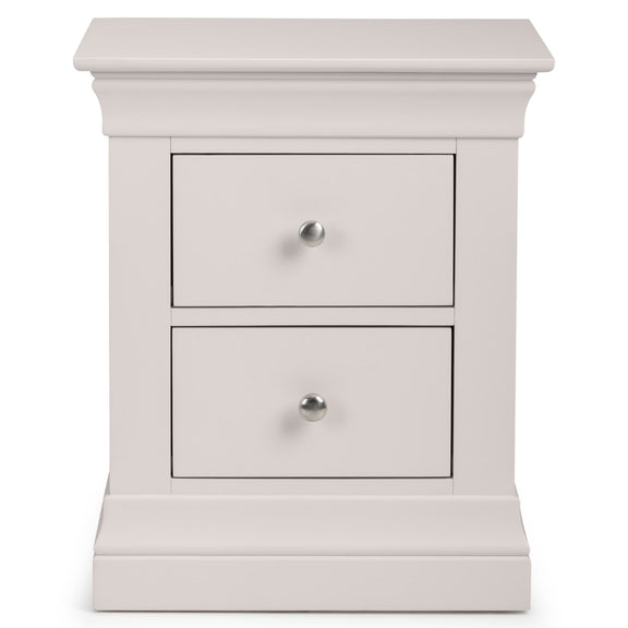 White nightstand with two drawers on a white background