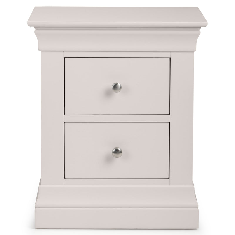 White nightstand with two drawers on a white background