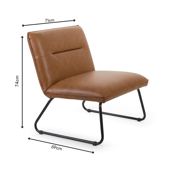 Brown leather chair with black metal legs and dimensions labeled on a white background