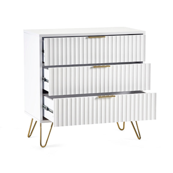 White dresser with gold legs on a white background