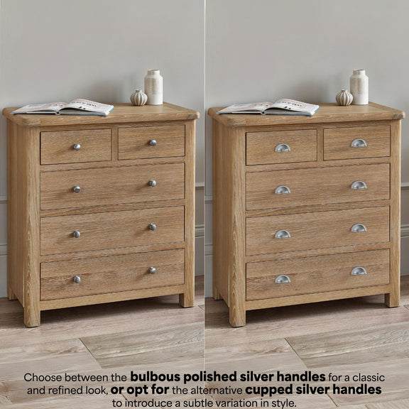 Two wooden dressers with different handle styles on a neutral background